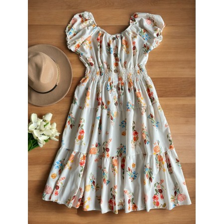 Rochie midi de vara lejera cu imprimeu floral de culoare alba